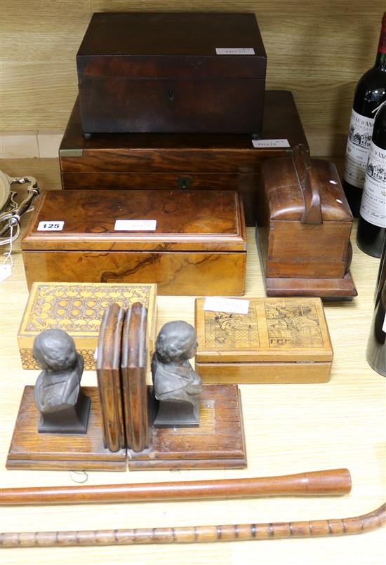 Assorted Victorian and later boxes, bookends, etc.